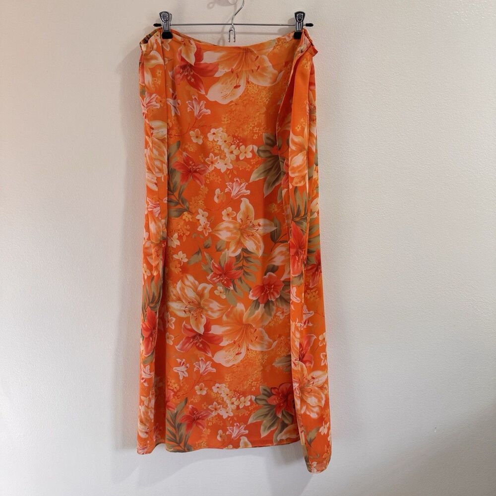 Vintage Y2K Coldwater Creek Maxi Wrap Skirt 1X Orange Floral Hawaiian Tropical